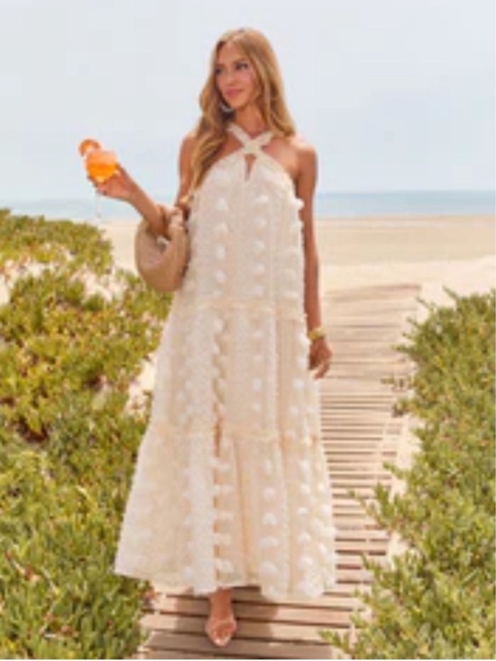 Vici Dresses & Skirts - Vici Cream Tulle Maxi Dress with Pom-Pom Trim